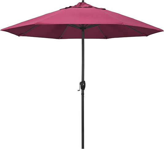 California Umbrella 12-Year Protection 9' Rd Aluminum Patio Umbrella, Crank Lift, Auto Tilt, Black Finish, Sunbrella Hot Pink