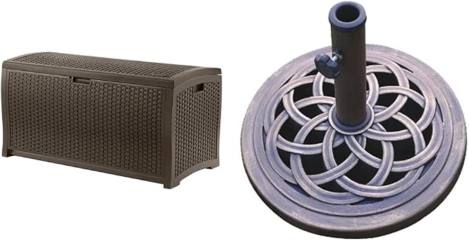 Suncast 99 Gallon Wicker Deck Box + DC America 18-Inch Umbrella Base
