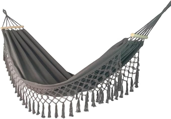 Outdoor Leisure Hammock with Tassels, Garden Anti-Rollover Swing with Storage Bag, for Travel/Camping/Beach, Load Bearing 150kg/330.7lbs(Dark Grey)