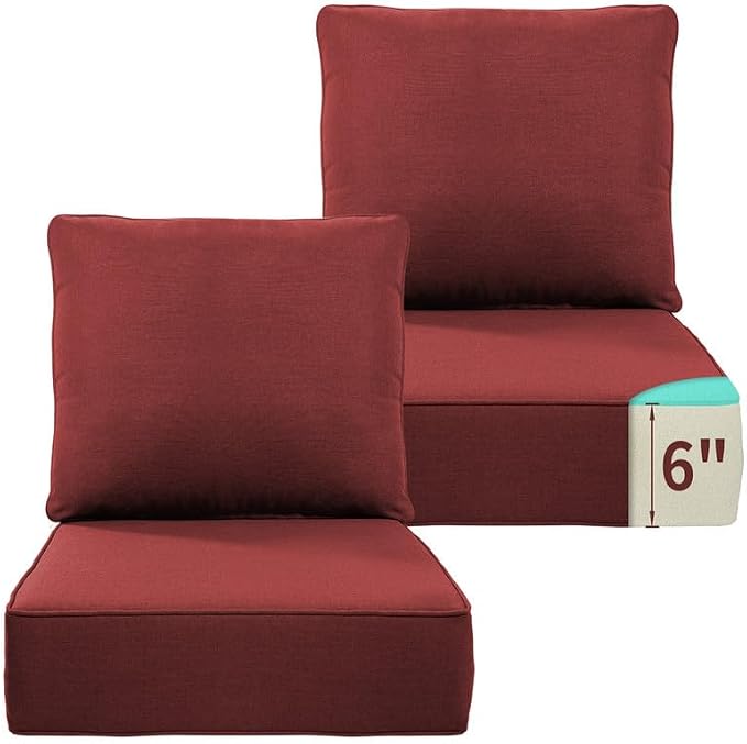 Luxury 22*24*6in Outdoor Patio Cushions, 2 Pieces Red Outdoor Cushion | 6'' Thick Outdoor Cushions, Water-Resistant, Reversible, Removable Cover, for Patio Chairs Sofa Couch Loveseat