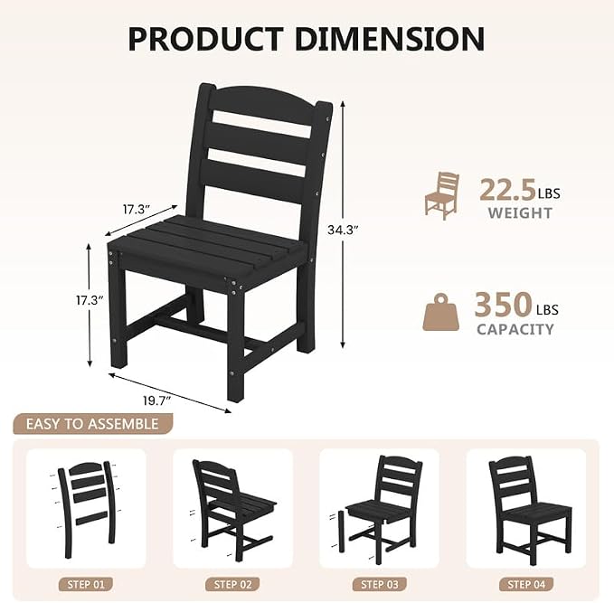 KINGYES 5-Piece HDPE Outdoor Dining Set for 4, Square Patio Table & Armless Chairs with Umbrella Hole, All-Weather Patio Dining Set for Backyard, Garden, Lawn & Poolside, Black