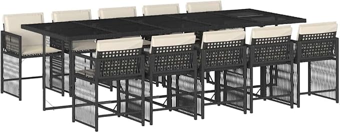 11-Piece Garden Dining Set - Large Outdoor Table and Chairs with Black Poly Rattan and Tempered Glass - Foldable Seating for 10 for Patio, Backyard and Terrace