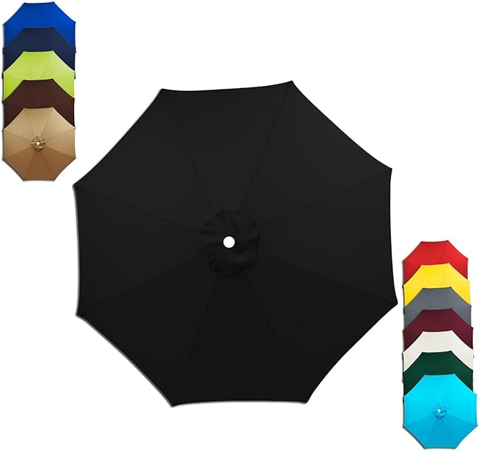 6/8 Ribs Patio Umbrella Replacement Canopy 6.5ft 7.5ft 8.2ft 8.9ft 9.8ft 11.5ft Waterproof UV Protective Replacement Parasol Fabric Cover for Garden Outdoor(Black,9.8ft/8ribs)