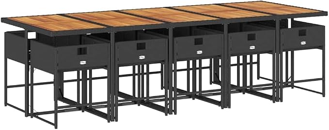 11 Piece Outdoor Patio Dining Set with Cushions, Black Poly Rattan Wicker Table and 10 Chairs for Backyard Garden Lawn, Space-Saving Folding Seats with Removable Washable Covers, 242. 5 lb Capacity