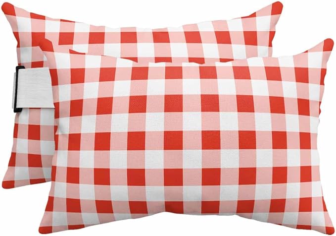 Pack of 4 Outdoor Lumbar Pillow Covers 12x20 Inch, Orange Red Checkered Waterproof Throw Pillow Covers Set, Farmhouse Buffalo Plaid Indoor&Outdoor Decorative Cushion Cases for Patio Porch Beach