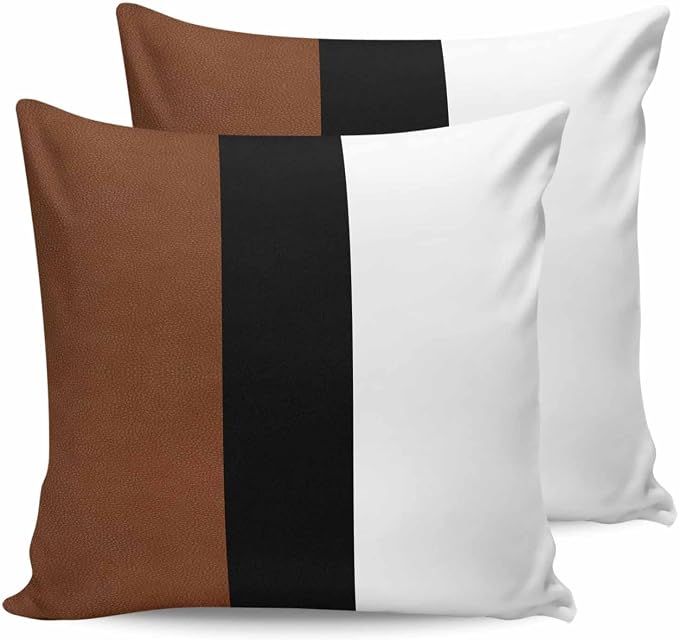 Outdoor Waterproof Throw Pillow Covers 24x24in, Modern Farmhouse Cushions for Garden Patio Furniture Chairs Set of 2, Boho Black and Brown Striped Home Decor Couch Sofa Polyester Pillow Cases