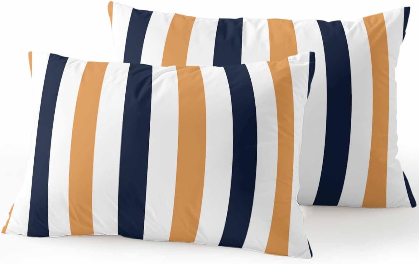 Outdoor Pillows Waterproof, Burnt Orange Navy Blue Striped Bedding Throw Pillows with Insert for Couch Sofa Bed, Farmhouse Stripe Art 12x20 Inch Pillowcases Camping Patio Pillow Set of 2