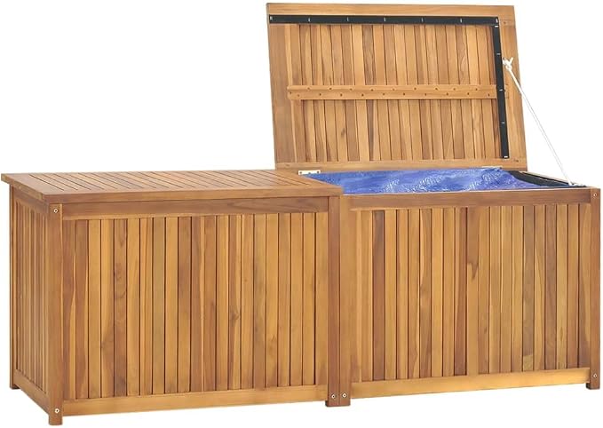 Wooden Garden Patio Storage Box with PE Bag, Deck Storage Container Box for Patio Cushions and Gardening Tools, 59.1"x19.7"x21.7" Solid Wood Teak