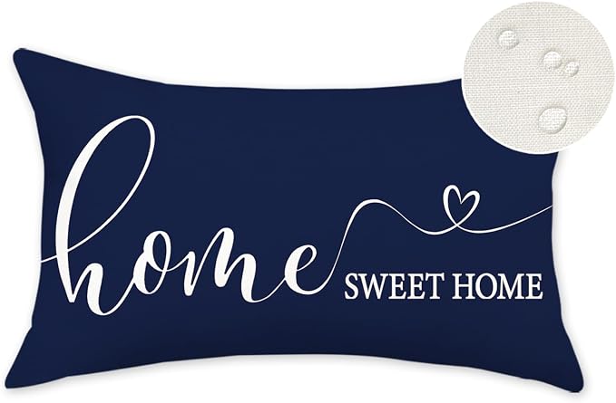 ONWAY Home Sweet Farmhouse Waterproof Throw Pillow Cover 12 x 20 Inch Indoor Outdoor Decorative Cushion Case for Home Sofa Couch Porch Decorations Navy Blue