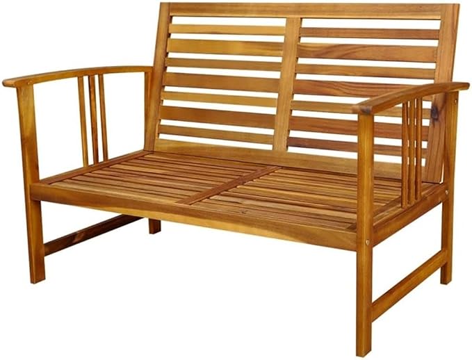 Afuera Living 4 Piece Solid Acacia Wood Patio Dining Set, Oiled Finish, Brown, Weather-Resistant Cushions, Rustic Design, Table, Bench, 2 Chairs, Outdoor Garden or Terrace Seating for 4