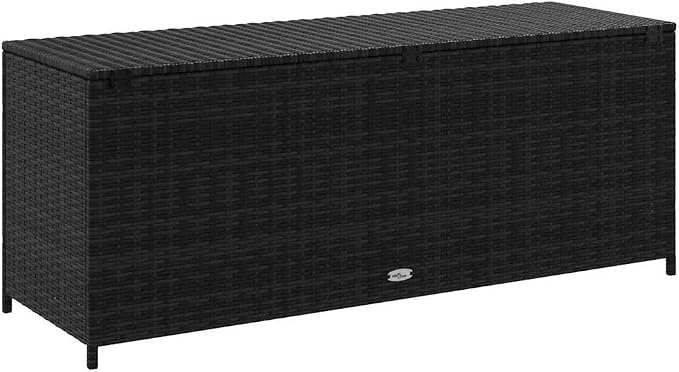 Outdoor Storage Box Bench, 59 Inch PE Rattan Deck Box with Powder-Coated Steel Frame, Waterproof Garden Organizer for Cushions, Patio Furniture Seat, Black