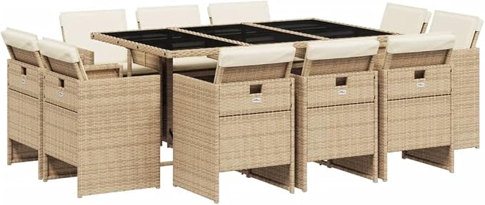 11-Piece Patio Dining Set with Beige Poly Rattan & Tempered Glass Table Outdoor Furniture Set for Backyard Garden Balcony Porch