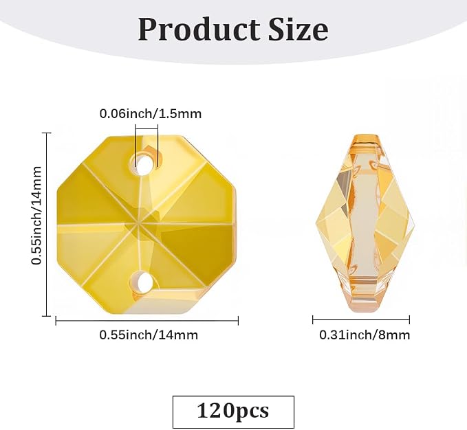 1 Box 120Pcs 14mm Crystal Glass Octagon Beads 2 Hole Prism Bead Bulk Yellow Glitter Chandelier Replacement Connector Suncatcher Faceted Spacers for DIY Lamp Hanging Ornament Pendant Adults