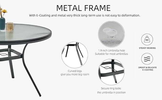 Anmutig 5-Piece Outdoor Patio Dining Set, 40 Inch Round Glass Table with 4 Stackable Chairs, Black