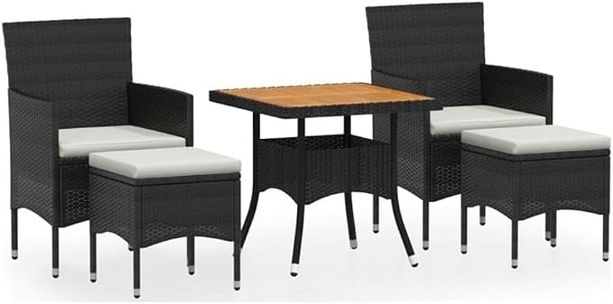 Afuera Living 5-Piece Patio Dining Set, Synthetic Poly Rattan and Acacia Wood, Black/Cream White Finish, Includes Cushioned Seats, Contemporary Compact Design for Outdoor Garden, Terrace or Balcony