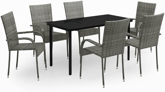7 Piece Patio Dining Set Gray and Black Outdoor Rattan Table and Chairs for 6 with Tempered Glass Top, Weather Resistant Steel Frame for Garden Yard Deck Backyard Dining