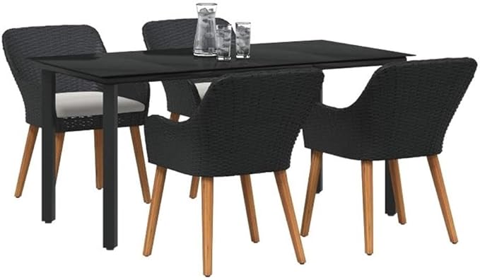 BOWERY HILL 5 Piece Poly Rattan Garden Dining Set, Black Finish, UV-Resistant Patio Furniture with Cushioned Seats, Tempered Glass Tabletop, Powder-Coated Steel Legs, Modern Outdoor Use