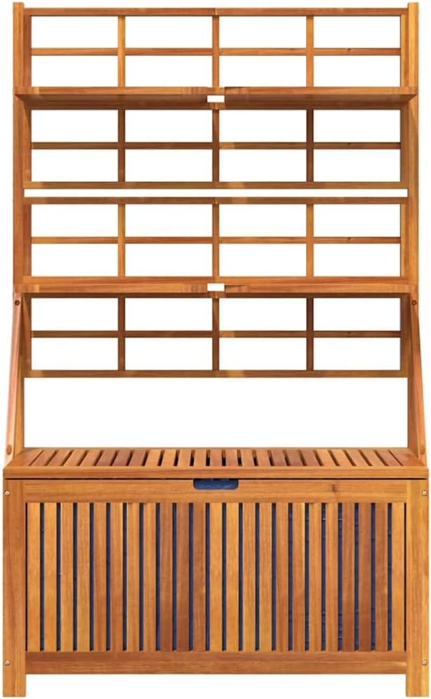Solid Acacia Wood Patio Storage Box with Trellis, 39x19.7x63 Inch Outdoor Tool Chest with Shelves for Climbing Plants