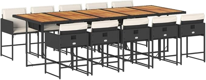 11 Piece Patio Dining Set with Cushions Black Poly Rattan Outdoor Table and Chairs for Garden Backyard Lawn Entertaining UV Protected Foldable Compact Storage Max Load 242. 5 lb per Seat Acacia Wood