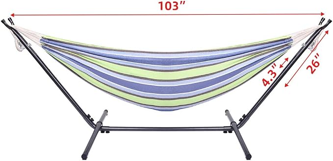 Vasitelan Hammock with Space Saving Steel Stand Included 2 Person Heavy Duty Outside Garden Yard Outdoor 330lb Capacity 2 People Standing Hammocks and Portable Carrying Bag (Green Stripe)