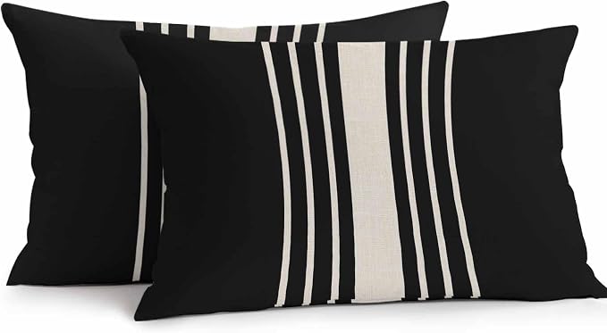 Vandarllin Outdoor Throw Pillows Covers 20x12 inch Set of 2 Waterproof Black Stripes Decorative Zippered Cushion Covers for Patio Furniture, Classic Striped Linen Lumbar Pillowcases