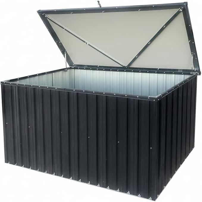 215 Gallon Outdoor Storage Box, Metal Deck Box with Waterproof UV-Resistant and Hydraulic Rod Design for Poolside, Patio, Backyard (Medium)