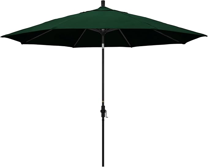 California Umbrella 11Ft Premium Sunbrella Patio Umbrella, Hand-Crank, Tilt-Collar, Black Frame, Forest Green Fabric
