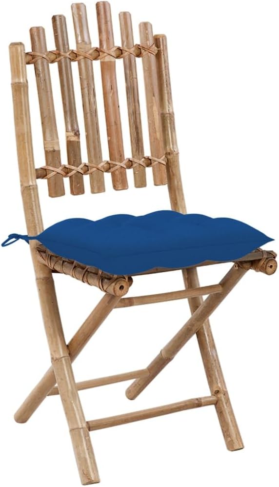 5 Piece Folding Patio Dining Set with Cushions Bamboo Outdoor Furniture Waterproof Table and 4 Chairs for Garden Backyard Blue