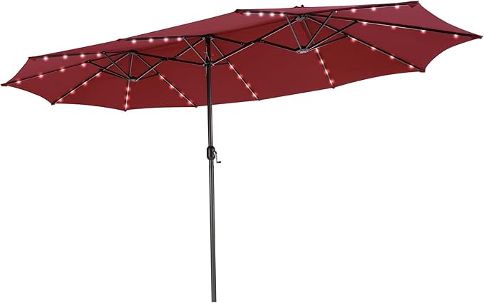Tangkula 15 Ft Burgundy Twin Patio Umbrella with 48 LED Lights, Hand-Crank System for Poolside, Garden & Backyard Use