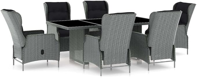 7 Piece Patio Dining Set with Cushions Poly Rattan Light Gray Outdoor Furniture Table and 6 Chairs Reclining Backrest for Garden Backyard