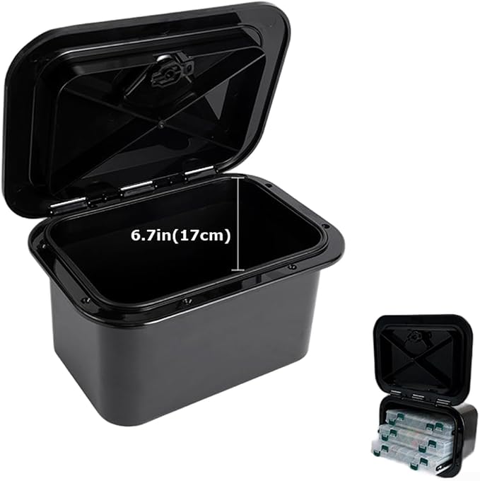 ABS Marine Storage Box with Deck Cover for Yacht Hatch Inspection Lid, Featuring Spacious Capacity, 270 Degree Smooth Rotation and Marked Cutting Lines for Custom Fit (Black)