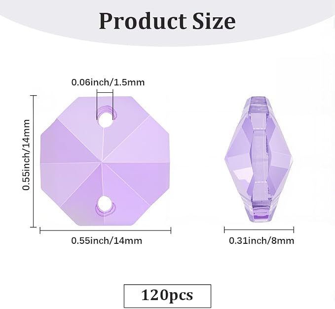 1 Box 120Pcs Glass Octagon Beads 2 Hole Crystal Prism Beads Purple 14mm Chandelier Replacement Connector Suncatcher Faceted Spacers for DIY Crafts Lamp Hanging Ornament Pendant Jewelry Adults