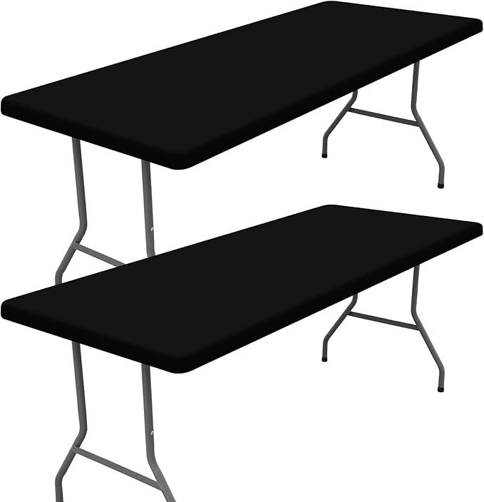Moosfor Spandex 8 Foot Rectangle Table Cloth 2 Pack, Elastic Fitted Tablecloths for Picnic, Stretch Washable Patio Table Cover for Outdoor, Camping, Banquet and Parties (Black, 18"x96")