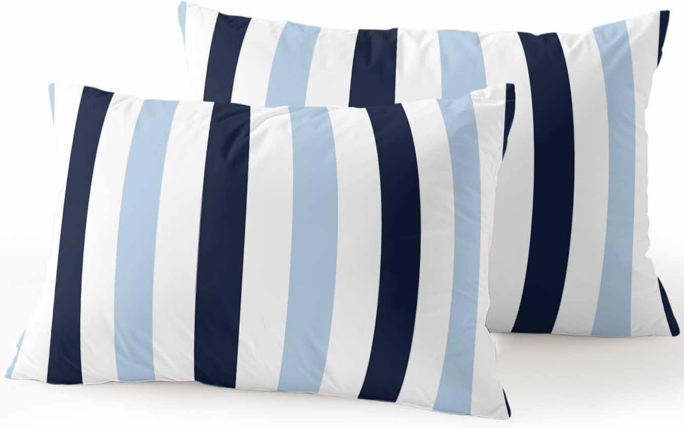 Outdoor Pillows Waterproof, Navy Blue Aqua Striped Bedding Throw Pillows with Insert for Couch Sofa Bed, Farmhouse Stripe Art 12x20 Inch Pillowcases Decorative Camping Patio Pillow Set of 2