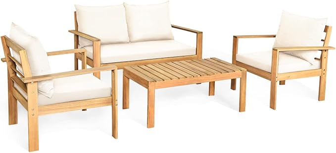 HAPPYGRILL 4 Piece Patio Furniture Set Outdoor Conversation Set Wood Sofa Table Set with Cushions, Acacia Wood Chairs & Coffee Table Set for Garden Backyard Poolside