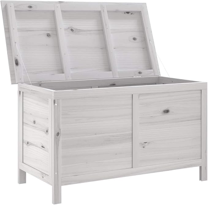 White Outdoor Storage Box 39 Inch Wooden Deck Chest for Garden Cushions and Patio Accessories, Fir Wood Storage Bin with Slatted Base
