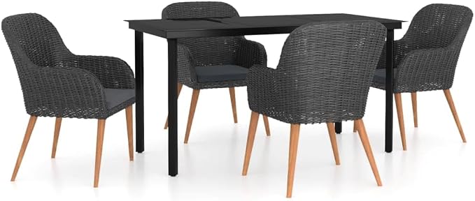 5 Piece Patio Dining Set with Cushions Black Outdoor Rattan Table and Chairs for Garden Deck Backyard Porch Dining Relaxing, Powder-Coated Steel Frame Tempered Glass Top