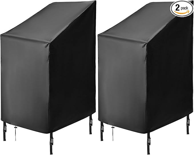 QWORK Patio Chair Covers, 2 Pack Waterproof High Back Chair Covers, 4-6 Stackable Outdoor Chair Covers, Black