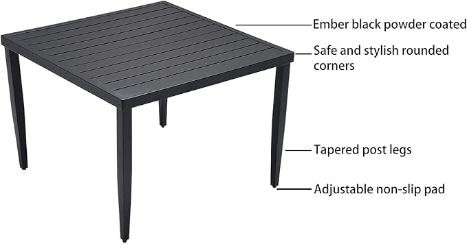 5-Piece Outdoor Patio Aluminum Furniture, Modern Dining Set, Including 4 Dining Chairs Sunbrella Fabric Cushioned and 40" Square Dining Table with Umbrella Hole, Ember Black