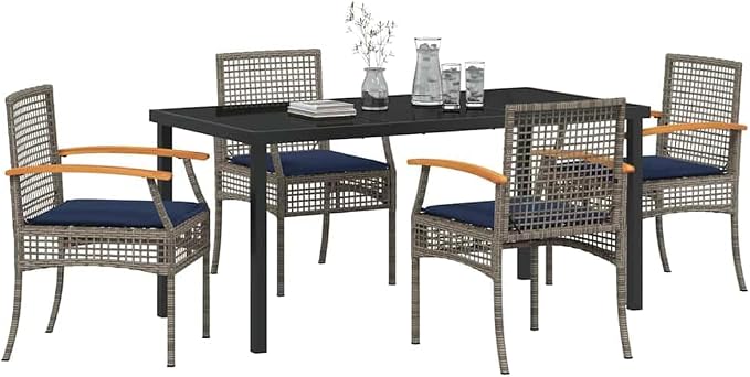 5-Piece Garden Dining Set with Cushions, Modern Rattan Patio Table and 4 Armchairs, Outdoor Furniture for Backyard Terrace, Grey and Black
