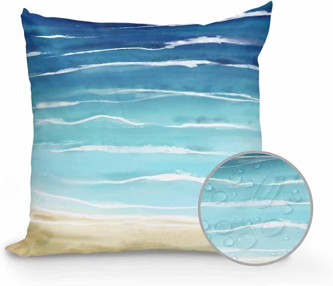 1 Pack Outdoor Pillows Waterproof, Blue Beige Ombre Indoor/Outdoor Throw Pillows with Inserts, Coastal Nautical Summer Beach Wave Decorative Pillow for Patio Furniture Chairs Couch 18"x18"