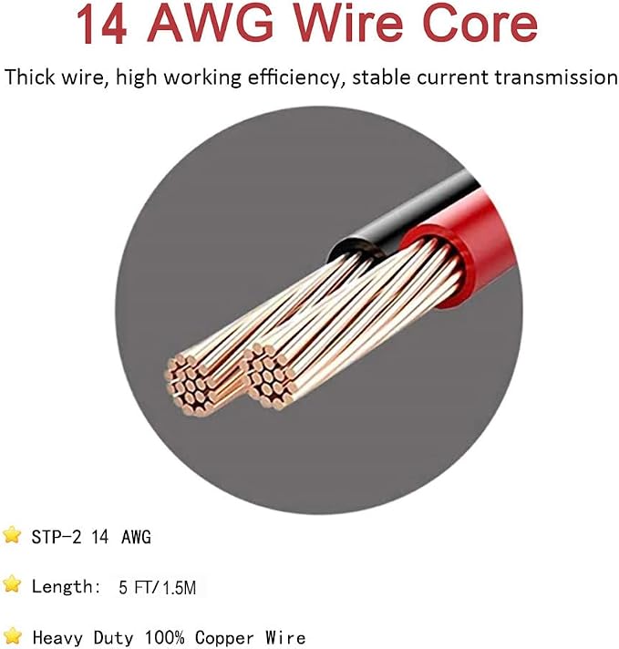 Cigarette Lighter Male Plug Adapter Inverter Cable Power Supply Cord Heavy Duty 12V/24V 5FT/1.5M 14AWG for Car Inverter,Air Pump, Electric Cup, Tire Inflator DIY (14 AWG, 5FT)