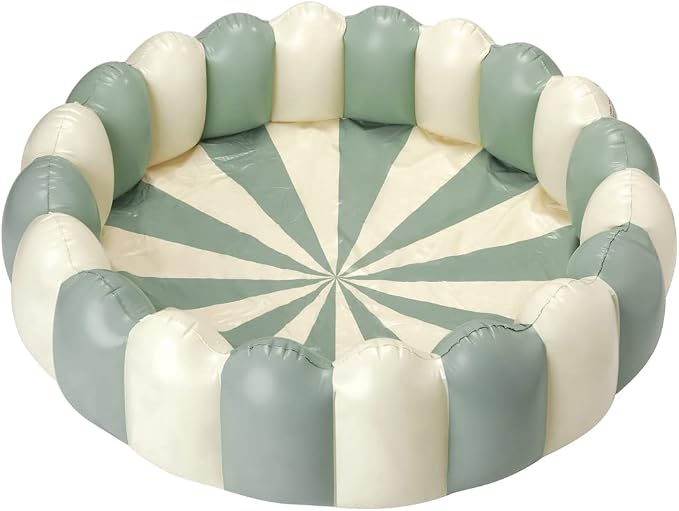 Petites Pommes Striped Blow Up Pool for Toddlers & Kids - Handprinted Classic Foldable Swimming Pools - Durable, BPA-Free PVC Kiddie Pool with Repair Patch & Storage Bag, Dusty Green, 63 x 18 Inch