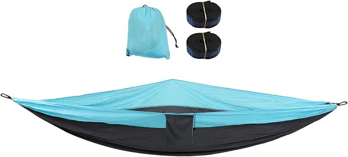 Double Hammock 210T Nylon Camping Swing, Outdoor Indoor Hanging Bed for 2 Person, Lightweight Portable Hammock with Carabiner Steel Buckle for Camping Hiking Backyard (Sky Blue and Dark Grey)