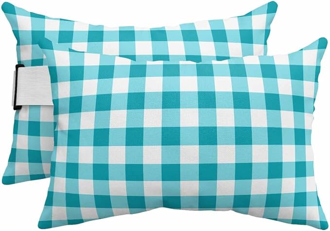 Pack of 2 Outdoor Lumbar Pillow Covers 11x16 Inch, Turquoise Checkered Waterproof Throw Pillow Covers Set, Farmhouse Buffalo Plaid Indoor&Outdoor Decorative Cushion Cases for Patio Porch Beach