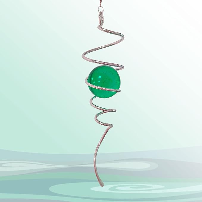 Aoedelyart Wind Spinner Tail Gazing Ball Spiral Decorative Wind Spinners Sun Catcher 11inch Tail and 2 inch Glass Orb. Indoor Outdoor Garden Decoration Wind Spinner Stabilizer -13 inch Height (Green)