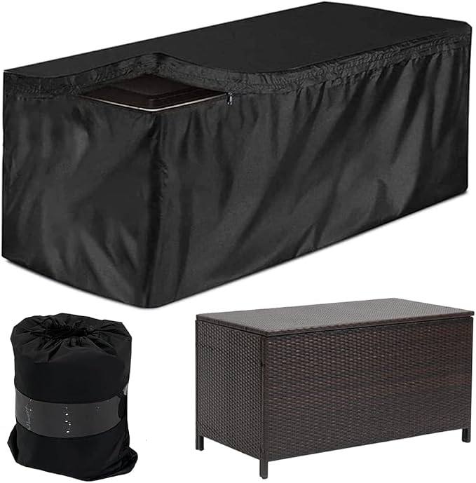 SUNSURE Deck Box Cover Heavy Duty Waterproof Outdoor Ottoman Bench Cover for Keter Large Deck Boxes Rectangular Storage Box Cover with Drawstring and Zipper (62x32x28in)