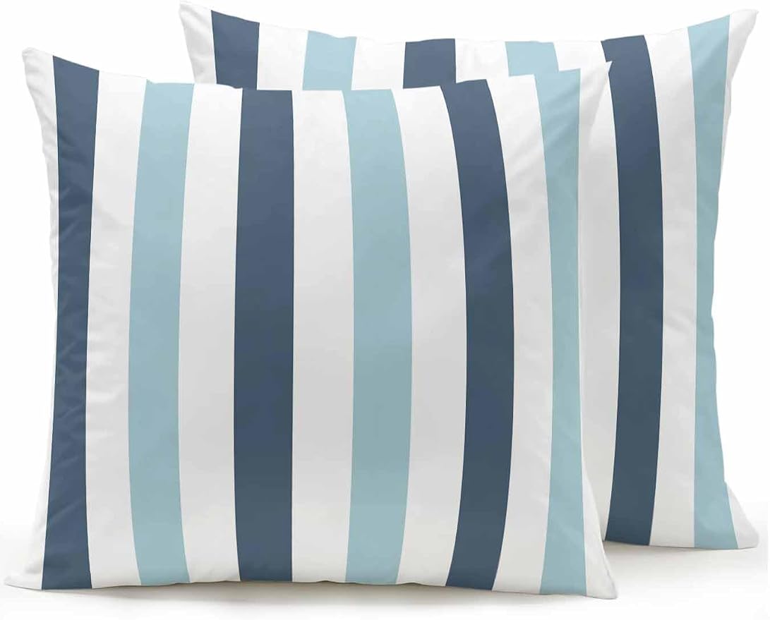 Outdoor Pillows Waterproof, Blue Aqua Striped Bedding Throw Pillows with Insert for Couch Sofa Bed, Farmhouse Stripe Art 16x16 Inch Pillowcases Decorative Camping Patio Pillow Set of 2