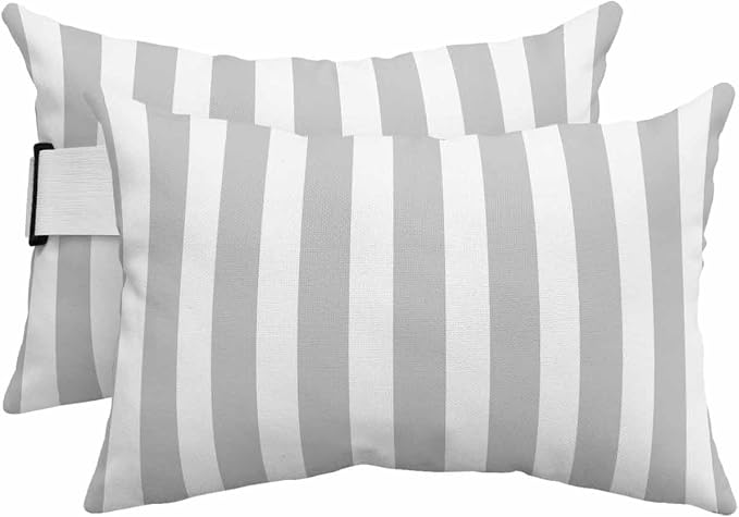 DecorLovee Grey Striped Outdoor Recliner Pillows for Head, Farmhouse Waterproof Chair Pillow with Elastic Stripe, Gray White Stripes Chaise Lounge Headrest Pillow for Patio/Beach/Pool 2Pack, 11"x16"