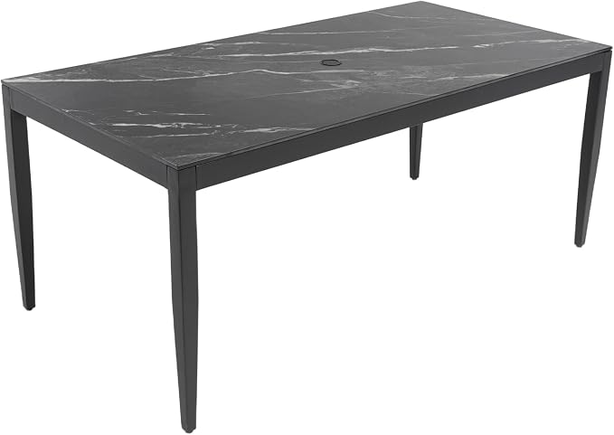 Outdoor Aluminum Marble Dining Table for 6-8, 71” Luxury Patio Table with Black Sintered Stone Top, Post Tapered Legs for Garden, Lawn, Weatherproof & Rust-Free